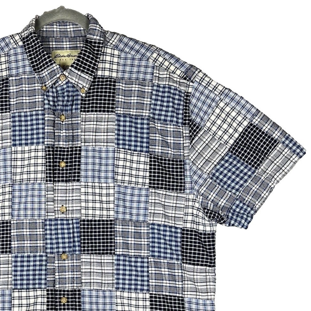 EDDIE BAUER MADRAS Mens Button Down Shirt Size LG Blue and White Patchwork Plaid